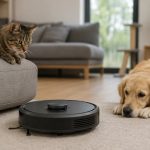 Mascotas observando un robot doméstico durante el proceso de adaptación dentro del hogar