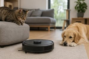 Mascotas observando un robot doméstico durante el proceso de adaptación dentro del hogar