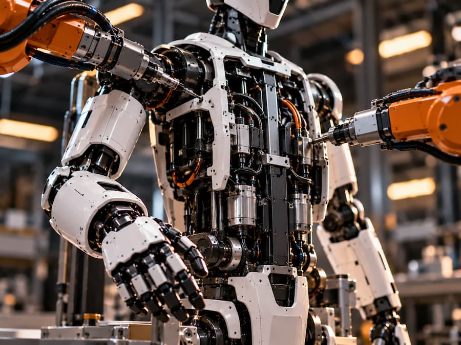 Un humanoide siendo construido por máquinas