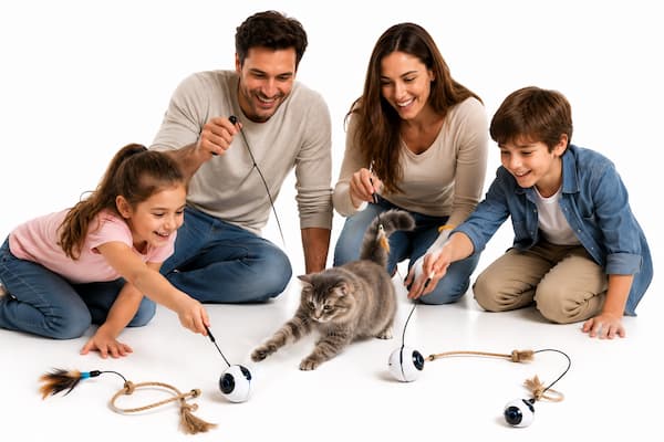 familia al completo jugando con gato y bolas robot