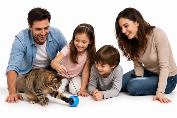 familia unida jugando con gato y bola robot de manera interactiva y participativa en su hogar