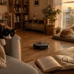 Robot doméstico conviviendo de forma natural con un gato tuxedo y un perro dentro de un hogar moderno