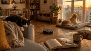 Robot doméstico conviviendo de forma natural con un gato tuxedo y un perro dentro de un hogar moderno