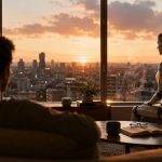 Robot humanoide observando el atardecer desde el salón de una vivienda mientras convive con una persona
