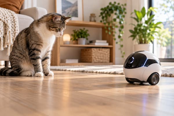 Gato observando tranquilamente un pequeño robot de compañía