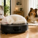 gato feliiz durmiendo sobre un robot aspirador silenciosos mientras perro observa con calma