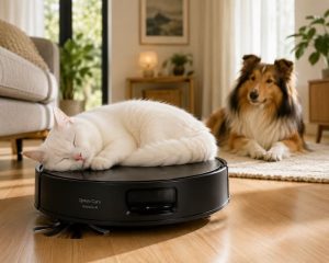 gato feliiz durmiendo sobre un robot aspirador silenciosos mientras perro observa con calma