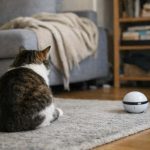 Gato sentado de espaldas observando un juguete automático sin interactuar en casa