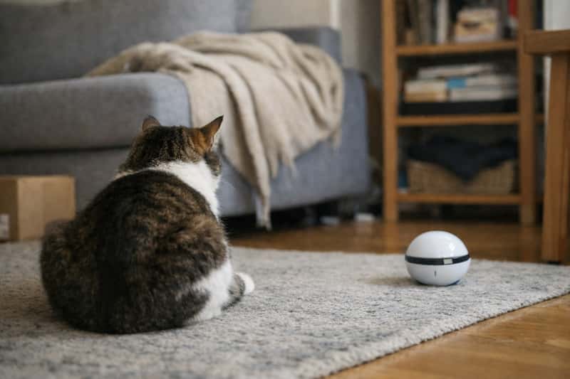 Gato sentado de espaldas observando un juguete automático sin interactuar en casa
