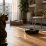 Gato observando un robot doméstico silencioso en un piso pequeño durante la tarde