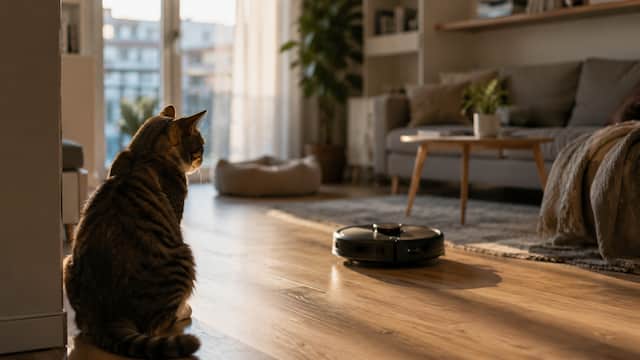 Gato observando un robot doméstico silencioso en un piso pequeño durante la tarde