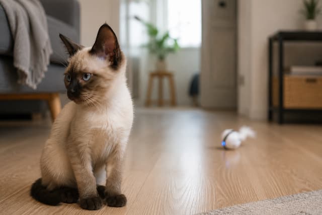 Gato siamés observando con desinterés un juguete automático en un piso pequeño