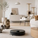 mascotas observando un aspirador robot para gatos