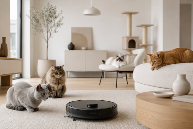 mascotas observando un aspirador robot para gatos