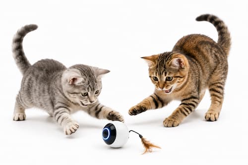 gatos felices jugando con bola robot
