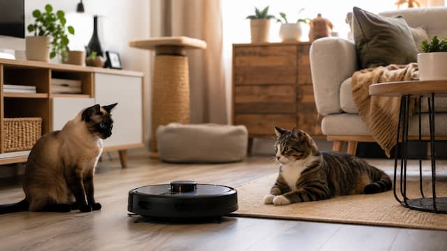 Gato siamés y gato europeo observando un robot doméstico silencioso en un piso pequeño