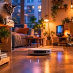 Gato siamés y gato europeo vigilando un robot doméstico en un piso pequeño