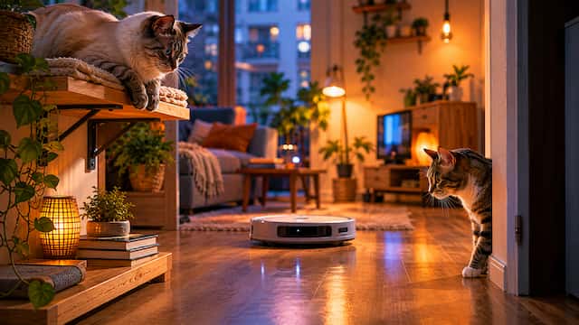 Gato siamés y gato europeo vigilando un robot doméstico en un piso pequeño