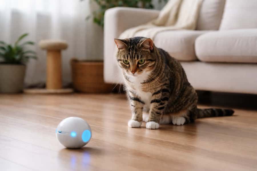 Gato observando un juguete automático en el suelo de un salón tranquilo