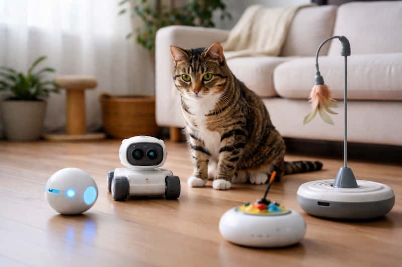 Gato observando diferentes juguetes automáticos en el suelo de un salón