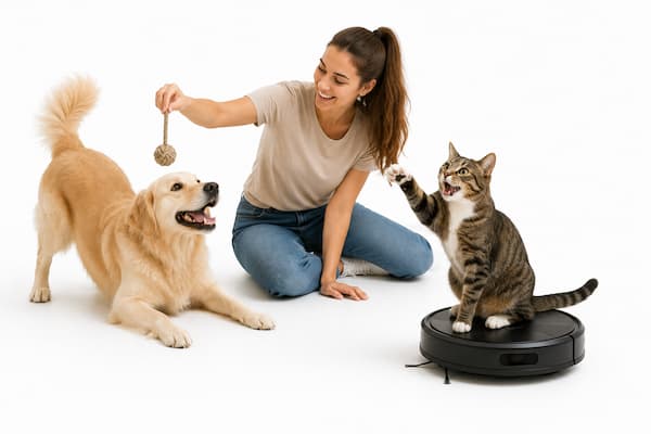 Imagen en donde se ve a una chica joven jugando con su perro y un gato subido encima de un robot aspirador pasandoselo muy bien, todos contentos