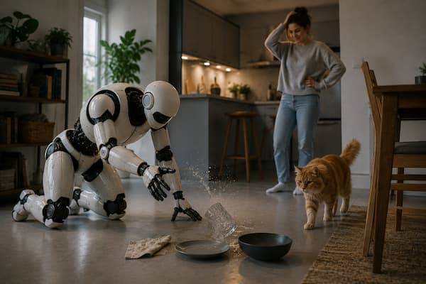 imagen de un robot humanoide intentando arreglar varias tareas a la vez. Como es un primer prototipo no hace las labores de manera perfecta y se equivocará
