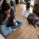 Persona valorando una bola robot para gato mientras el gato no interactúa en casa
