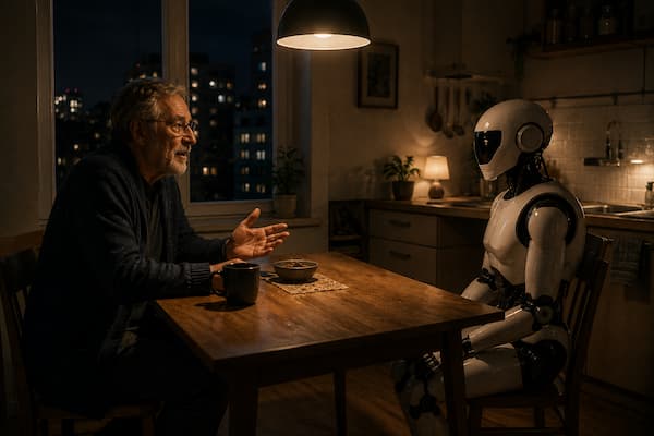 Un hombre mayor que vive solo está sentado a la mesa después de cenar, con una taza entre las manos. Frente a él, pero ligeramente apartado de la mesa, permanece sentado un robot humanoide doméstico claramente mecánico escuchándolo. El hombre sonríe ligeramente mientras habla, como si estuviera contando una anécdota cotidiana.