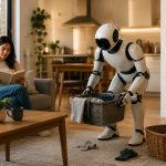 Robot doméstico humanoide realizando tareas cotidianas en el hogar