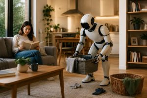 Robot doméstico humanoide realizando tareas cotidianas en el hogar