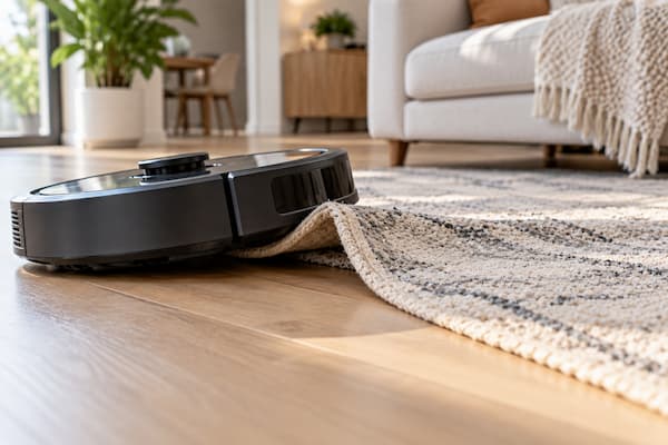 Robot aspirador empujando y arrugando una alfombra ligera