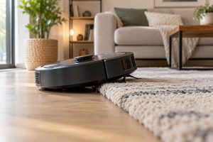 Robot aspirador atascado al intentar subir a una alfombra