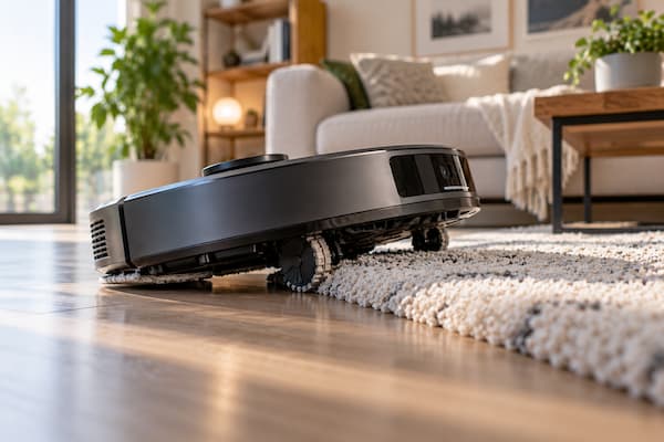 Robot aspirador con chasis elevable adaptándose a una alfombra