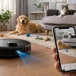 Robot aspirador con cámara para mascotas junto a un perro y un gato mascotas