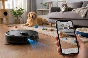 Robot aspirador con cámara para mascotas junto a un perro y un gato mascotas