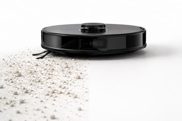 Robot aspirador recogiendo arena de gato sobre un suelo blanco