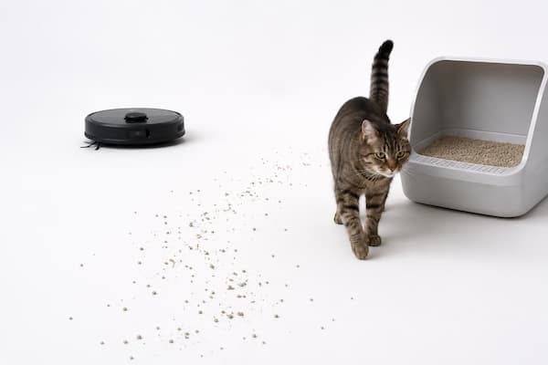 Robot aspirador acercándose a la arena que un gato ha esparcido al salir del arenero