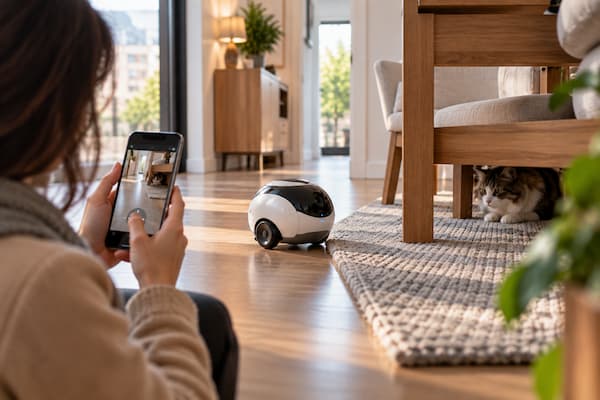 Robot con cámara móvil buscando a un gato dentro de casa