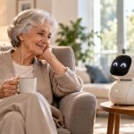 Robot de compañía interactuando con una persona mayor en casa