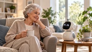 Robot de compañía interactuando con una persona mayor en casa