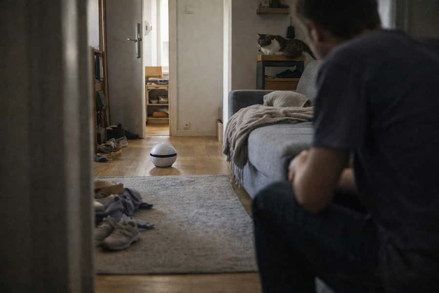 Robot doméstico en un salón real mientras una persona y un gato lo observan sin interactuar