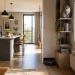 Robot doméstico colocado en una zona discreta de un piso pequeño mientras dos gatos descansan y observan el entorno