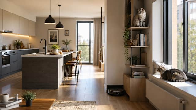 Robot doméstico colocado en una zona discreta de un piso pequeño mientras dos gatos descansan y observan el entorno