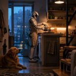 Robot humanoide doméstico preparando té mientras convive con un perro retriever y un gato lynx point siamese en un piso pequeño