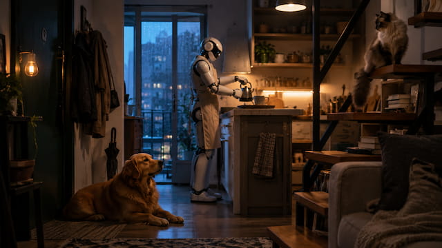 Robot humanoide doméstico preparando té mientras convive con un perro retriever y un gato lynx point siamese en un piso pequeño