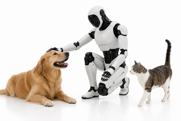 robot humanoide conviviendo con mascotas