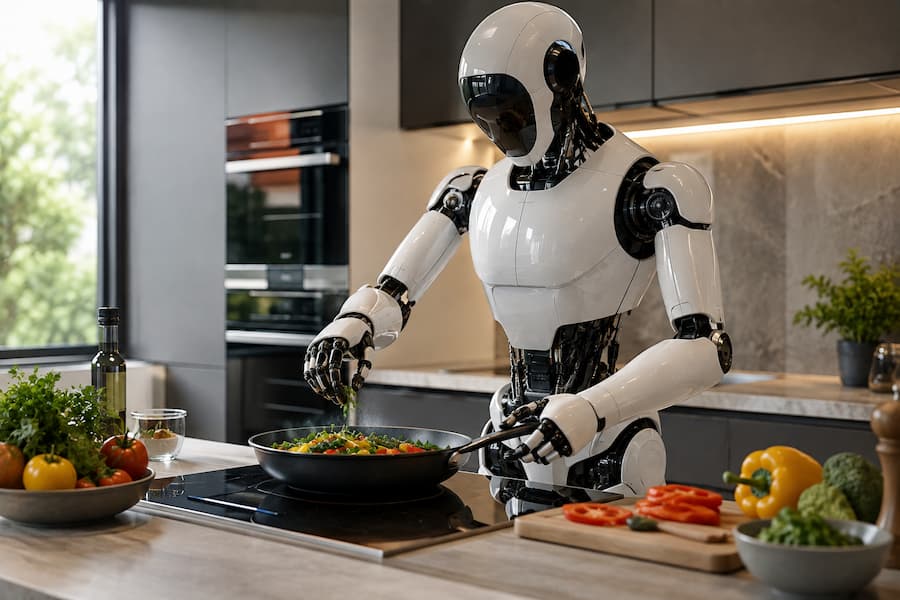 robot humanoide en la cocina preparando la comida