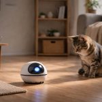 Gato observando un robot móvil para mascotas en un salón tranquilo con luz natural