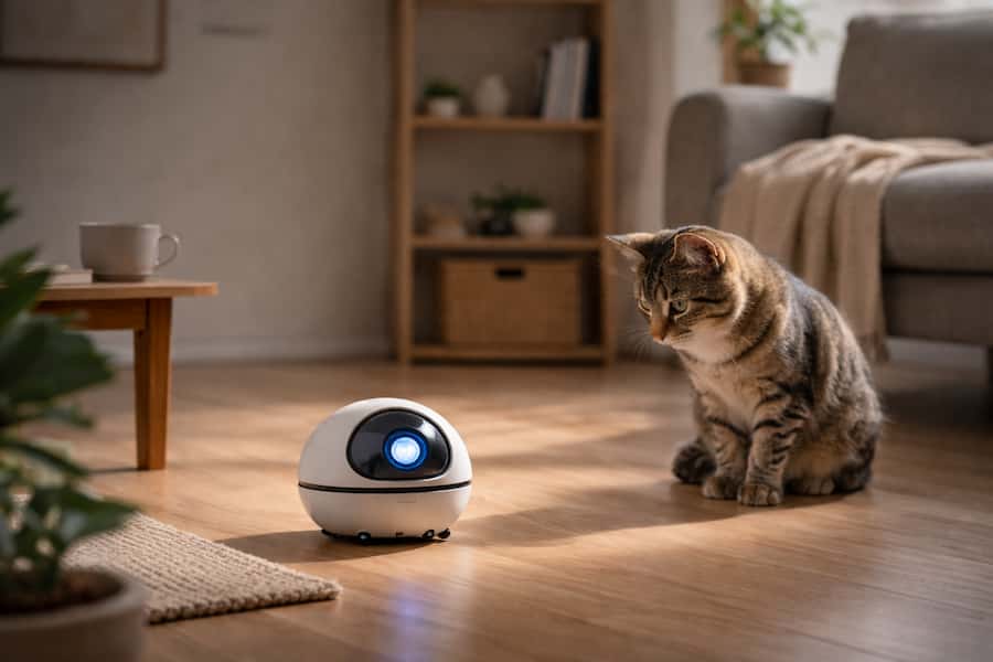 Gato observando un robot móvil para mascotas en un salón tranquilo con luz natural
