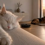 Gato Maine Coon descansando junto a un perro pastor alemán mientras un robot doméstico trabaja silenciosamente en un piso pequeño